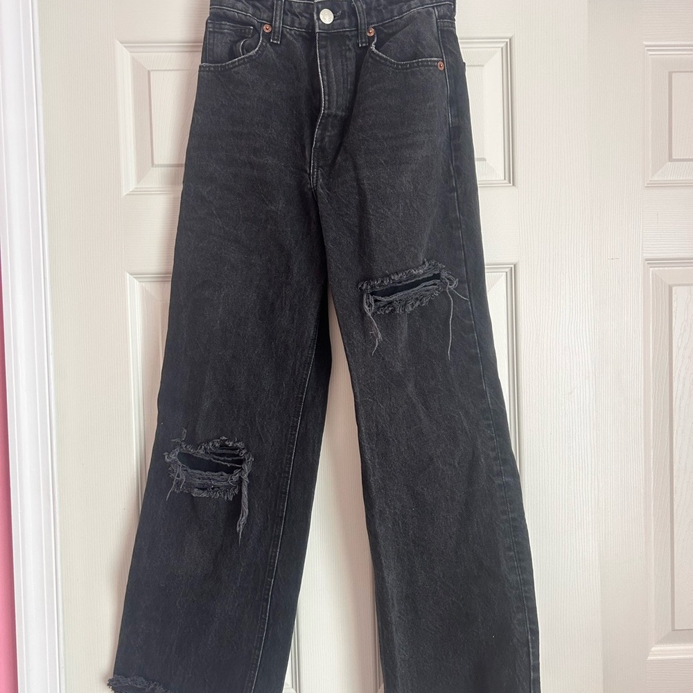 Black ZARA Distressed Wide-Leg Jeans